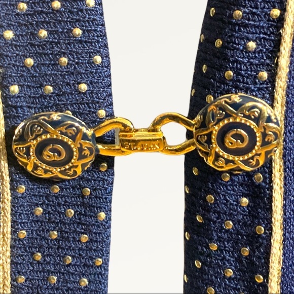 ST JOHNS 100% wool vintage BLUE Cardigan Golden buttons & accents Sz S - Picture 3 of 5